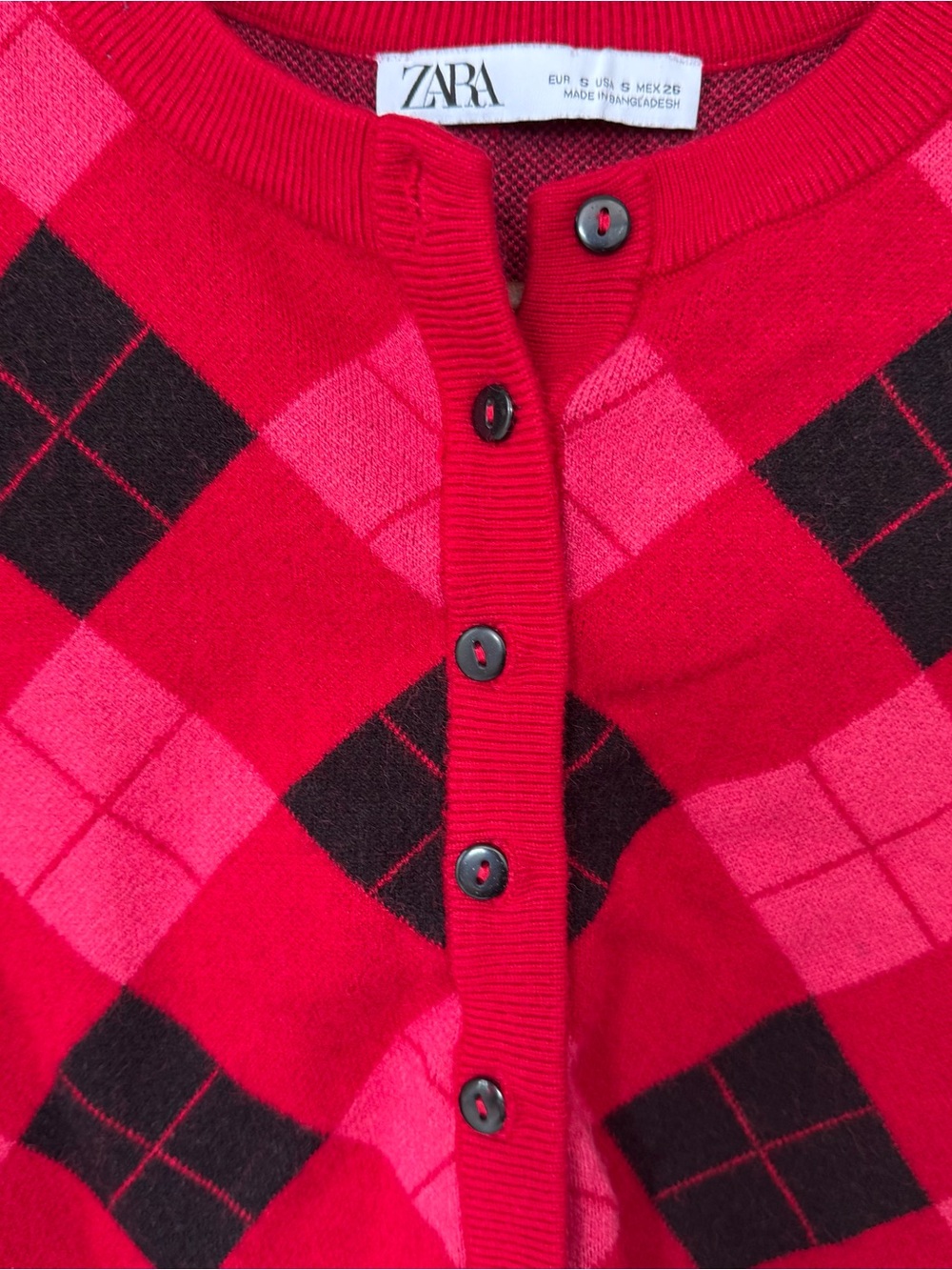 Zara Red Black Pink Argyle Cropped Cardigan Sweater Small Preppy Knit Button - Picture 5 of 5